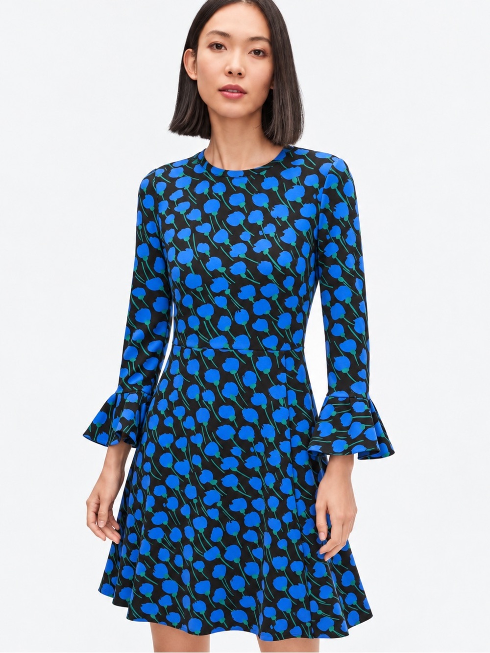 kate spade Black & Electric Blue Floral Long-Sleeve Fit-and-Flare Dress